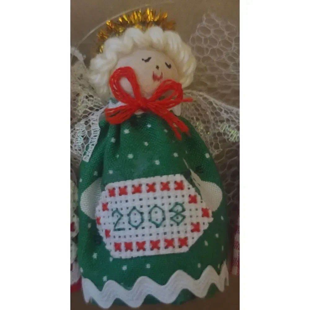 Vintage Lot of 4 Different Christmas Cross-Stitched Dated Wooden Angel Ornaments